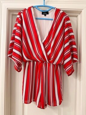 Lulu's Red, White & Blue Striped V-Neck Kimono Sleeve Tunic Romper